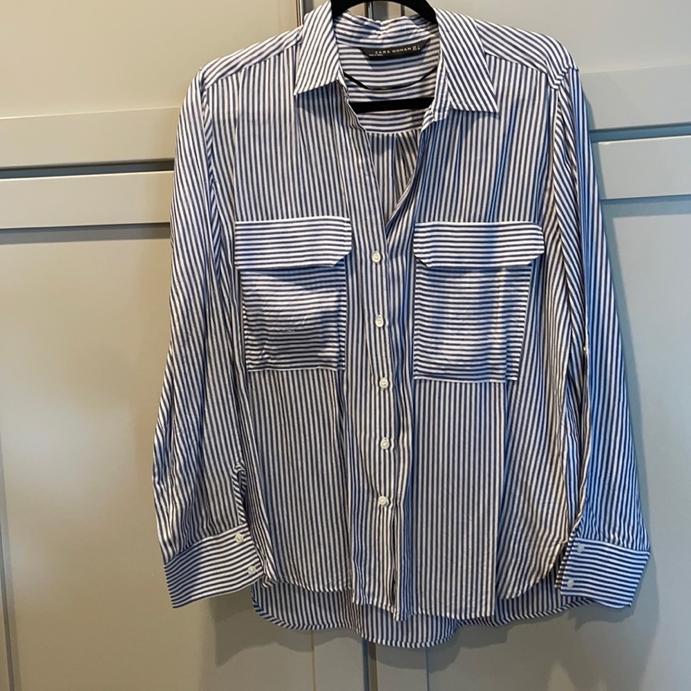 Zara blue and white pin striped blouse